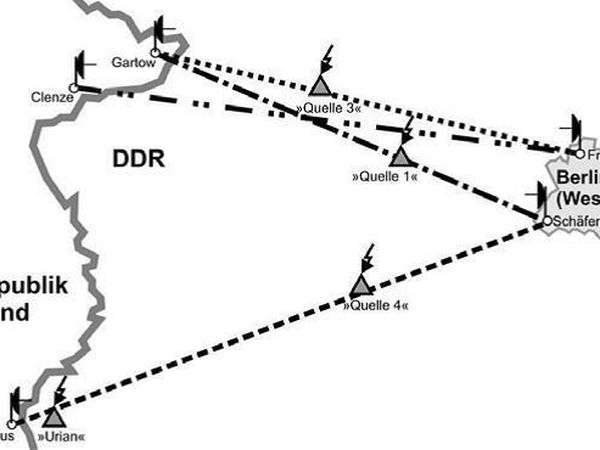 Die vier Funkbrücken mit Stasi-Abhörstützpunkten. Quelle 1 (Rhinow) und Quelle 4 (Dretzen bei Ziesar). Stand 1980