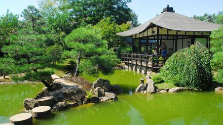 Der kleine Garten mit einem Pavillon am Teich stellt nach japanischen Prinzipien eine miniaturisierte Landschaft dar.