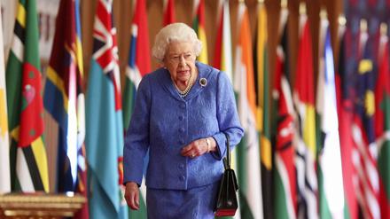 Die Queen vor den Flaggen des Commonwealth