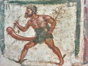 Erotisches Fresko in Pompeji aus dem 1. Jahrhundert v. Chr.: Merkur mit riesigem Phallus.