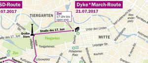 Die Routen des Berliner CSD und des Dyke*March 2017.