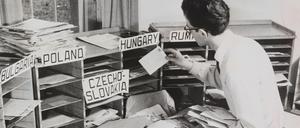 Mitarbeiter von Radio Free Europe sortieren 1960 Hörerpost.