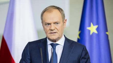 Donald Tusk, Ministerpräsident von Polen, äußert sich bei einem Pressestatement nach einem gemeinsamen Gespräch im Bundeskanzleramt in Berlin, 15.03.2024.