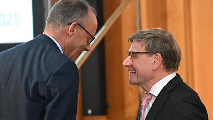 German Chancellor Friedrich Merz (L) and German Foreign Minister Johann Wadephul chat during the Conference of Ambassadors at the German Foreign Ministry in Berlin on Sepetmber 8, 2025. The conference, held from 8 to 11 September, brings together the heads of around 230 German missions abroad along with numerous high-ranking representatives from politics, business, science, and culture. (Photo by RALF HIRSCHBERGER / POOL / AFP)