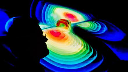 Gravitationswellen, hier vom Computer visualisierst, sind unsichtbar und nur mit riesigen, aufwändigen Detektoren messbar. Der modernste, das Einstein-Teleskop, könnte in der Lausitz und auf Sardinien entstehen.