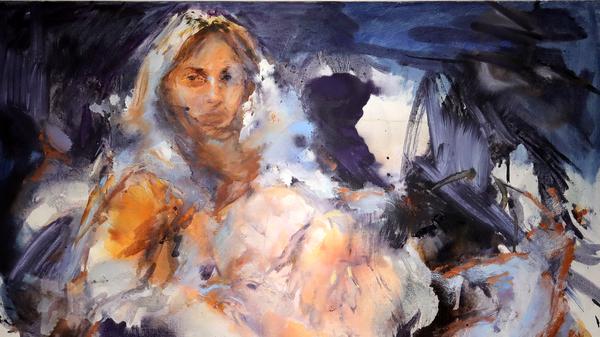 Kylie Mannings „A state like fever“ (2025) zeigt einen Körper in Auflösung. In den anderen Gemälden, die für die Villa Schöningen entstanden, sind von Körpern nur versteckte Zeichen geblieben.