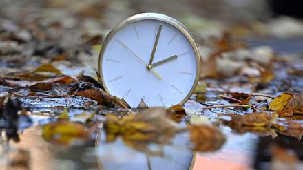 Eine Uhr spiegelt sich im Herbstlaub (Symbolbild).