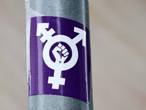 Ein Aufkleber einer Faust inmitten der drei Geschlechter ist auf lila Grund zu sehen.