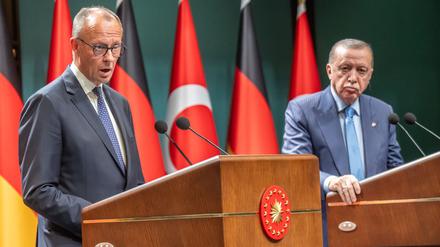 Recep Tayyip Erdoğan (r.) und Friedrich Merz beim Treffen im Präsidentenpalast