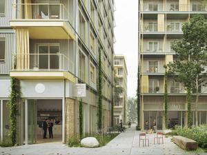 Ein Gebäude mit Wellblechfassade und Balkonen, ein anderes mit Holzfassade – so plant das Architekturbüro Kaden+ zwei Wohnhäuser am Dragonerareal in Kreuzberg.