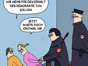 Geflügelter Bleistift in Gold: Piero Masztalerz „Abwarten“, Quelle: Piero Masztalerz / Deutscher Karikaturenpreis