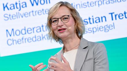 Katja Wolf, Finanzministerin im Freistaat Thüringen, spricht bei der Tagesspiegel-Veranstaltung „Der Osten - Die Konferenz für Ideen und Macher 2025“ im Verlagshaus des Tagesspiegels.