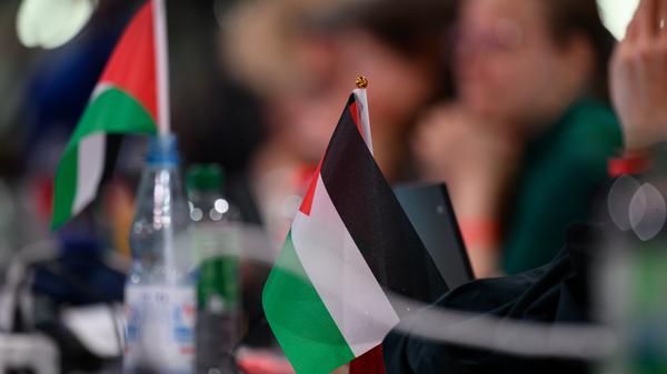Palästina-Fahnen auf dem Bundesparteitag der Partei Die Linke in Chemnitz.
