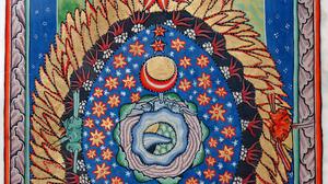 Erde, Sonne, Planeten, Elemente und Himmelsrichtungen harmonisch vereint. Miniatur „Das Weltenei“ aus dem Rupertsberger Scivias-Kodex nach dem verschollenen Original der Hildegard von Bingen (ca. 1175, Handkopie ca. 1930).