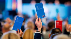 Delegierte halten ihre Wahlkarten beim Landesparteitag der AfD Thüringen hoch.