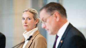 Alice Weidel blickt zu Tino Chrupalla.
