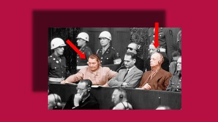 Auf der Anklagebank: Hermann Göring und Joachim von Ribbentrop. Zwischen ihnen sitzt Rudolf Hess.