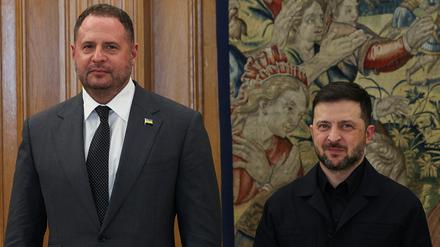 Der ukrainische Präsident Wolodymyr Selenskyj (r) und der Leiter des Präsidialamtes der Ukraine, Andrij Jermak, posieren für die Presse, als sie sich mit dem spanischen König Felipe (nicht im Bild) im Zarzuela-Palast in Madrid, Spanien, am 18. November 2025 treffen.