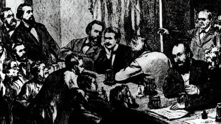 Breaking up of a meeting of a meeting of the Social Democrats, Leipzig, 1881. Among the participants were Wilhelm Liebknecht and August Bebel. Engraving. WHA PUBLICATIONxINxGERxSUIxAUTxONLY !ACHTUNG AUFNAHMEDATUM GESCHÄTZT! Copyright: WHA UnitedArchives011830 Agenda_160_Geburtstag_SPD