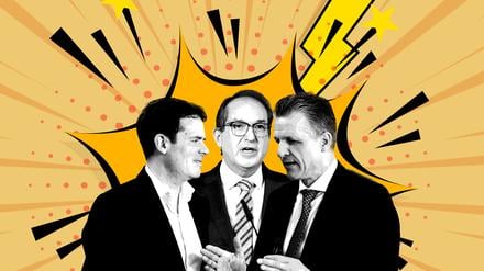 Vizekanzler-Staatssekretär Böhning, Innenminister Dobrindt und Kanzleramtsminister Frei (von links nach rechts) sollen einen Konsens bei der Rente finden.