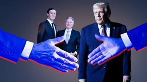 Zwei Hände sind bereit zum Handschlag, im Hintergrund Donald Trump (rechts) sowie Jared Kushner (links) und Steve Witkoff. (Illustration)