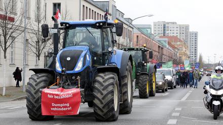 Demo der Landwirte auf der Breiten Straße zum Landtag Brandenburg.