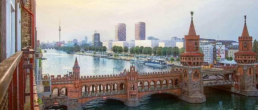 Blick auf die Oberbaumbrücke und die zwei geplanten Hochhäuser Max und Moritz.