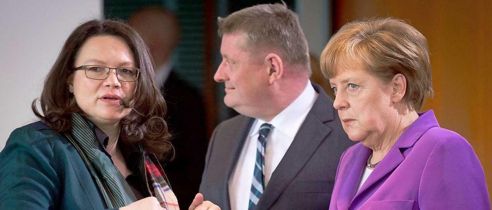 Gesundheitsminister Hermann Gröhe, flankiert von Andrea Nahles, Arbeitsministerin, und Angela Merkel.