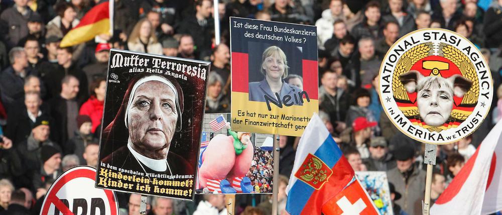 Pegida-Demonstranten haben sich am Samstagnachmittag am Königsufer in Dresden versammelt.