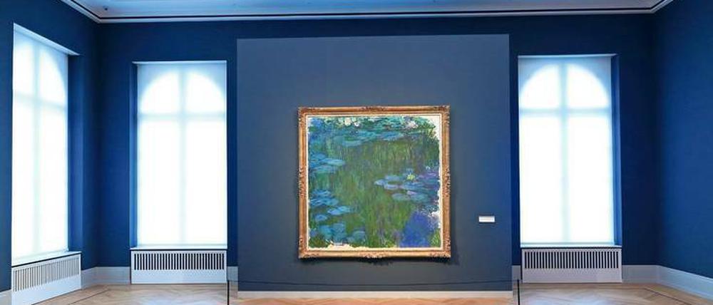Schlussakkord in Bleu. Monets zwei Mal zwei Meter großes Seerosenbild von 1914-17 lässt den Blick zwischen Blättern und Blumen verschwimmen.