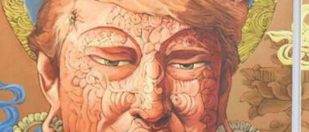 Ein Gemälde des US-Präsidenten Donald Trump auf einer Kunstschau in Neu-Dehli.