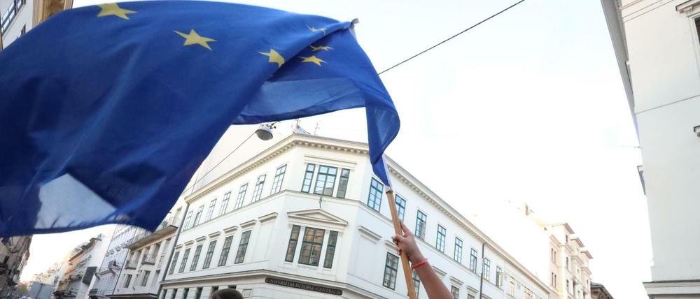 Eine junge Frau schwenkt eine Europa-Fahne, im Hintergrund ist eine große Menschenmenge zu sehen.