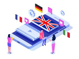 Sprachschule, Online-lernen. Übersetzer-isometrische Vektor-Illustration.