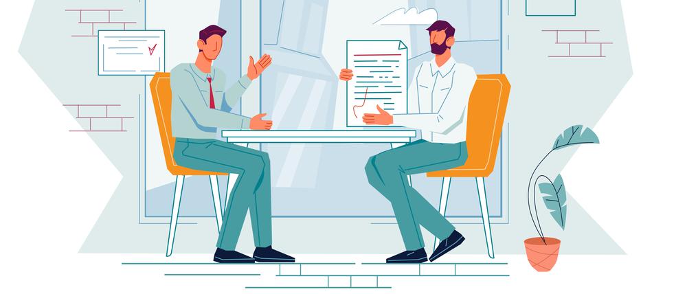 Business meeting, negotiations and conversation of two businessmen at a table in a conference room. Business partners negotiating or entering into a contract, flat vector isolated on white.
Provision