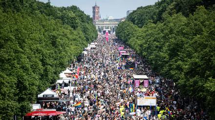 Zahlreiche Menschen haben sich bei der 45. Berlin Pride-Parade zum Christopher Street Day (CSD) auf der Straße des 17. Juni vor dem Brandenburger Tor versammelt. 