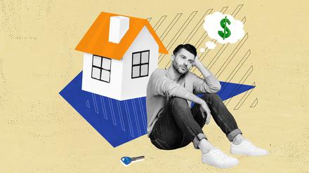 Collage artwork sketch of minded sad dreamy guy think earn money want buy own flat apartment isolated on drawing background.