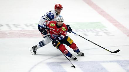 Eisbären-Profi Frederik Tiffels (in Rot) und Daniel Pfaffengut lieferten sich mit ihren Teams ein hart umkämpftes Match.