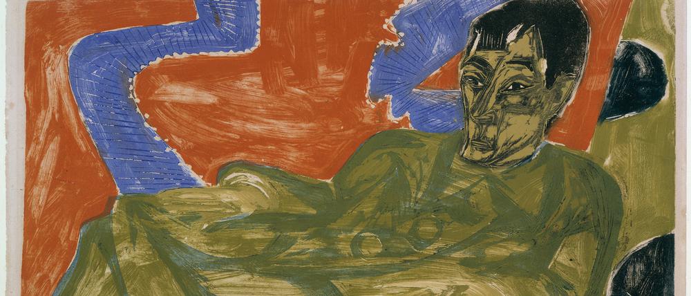 Ernst Ludwig Kirchner Porträt Otto Mueller, 1915, Farbholzschnitt, Kupferstichkabinett, Staatliche Museen zu Berlin.