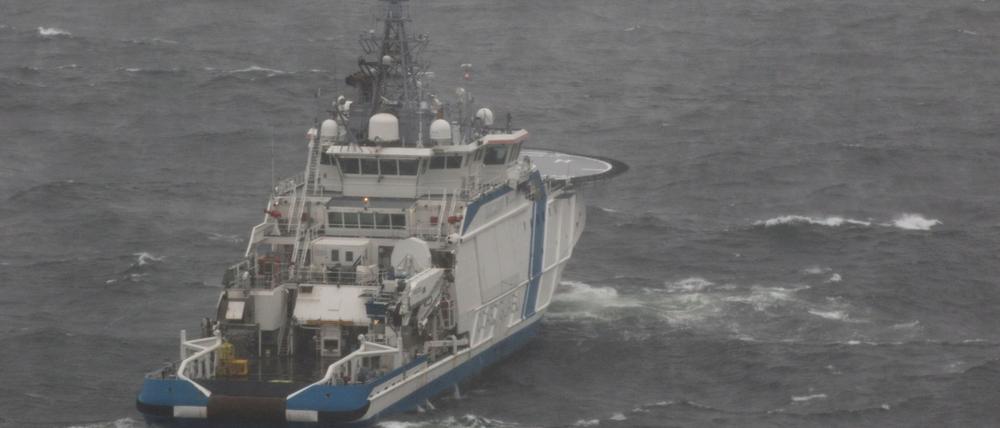 Offshore-Patrouillenschiff Turva des finnischen Grenzschutzes am 11. Oktober 2023 auf See in der Nähe der Stelle, an der die beschädigte Balticconnector-Gaspipeline im Finnischen Meerbusen geortet wird.