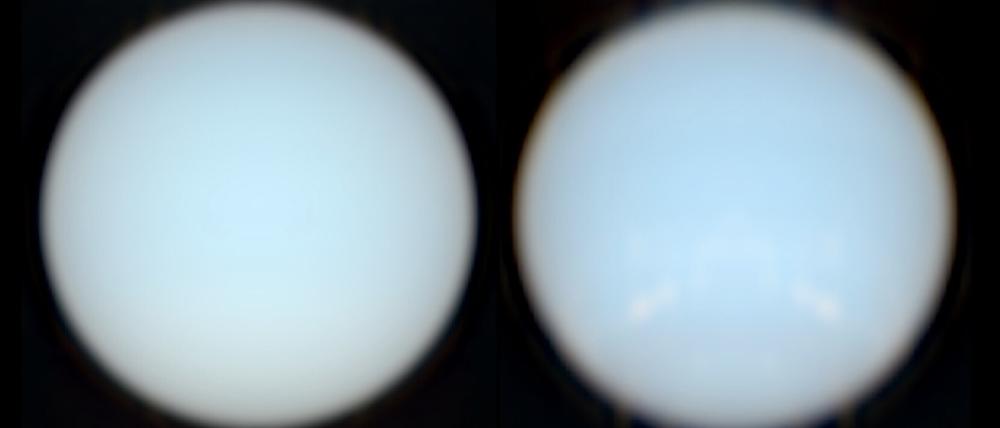 HST/STIS-Bilder vom Uranus und Neptun aus den Jahren 2002 bzw. 2003, die von den Studienautoren nun farbgetreu nachbearbeitet wurden.