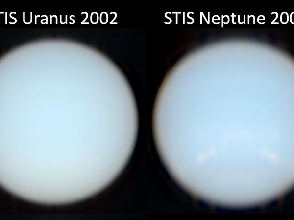 Bilder vom Uranus und Neptun aus den Jahren 2002 bzw. 2003, die von den Studienautoren nun farbgetreu nachbearbeitet wurden.