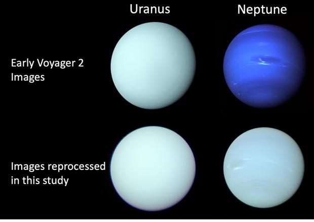 Voyager 2/ISS-Bilder vom Uranus und Neptun, die kurz nach den Vorbeiflügen von Voyager 2 in den Jahren 1986 bzw. 1989 aufgenommen wurden. Unten der Vergleich, wo die Aufnahmen neu bearbeitet wurden, um die wahren Farben dieser Planeten einschzuschätzen.