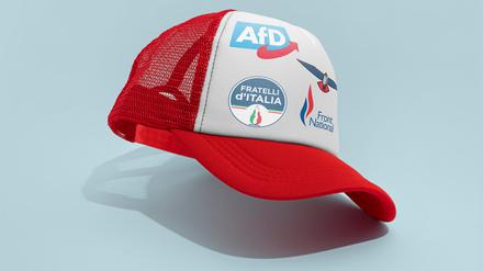 Ein Basecap mit Logos von Parteien, die in Europa für rechtspopulistische Politik stehen.
