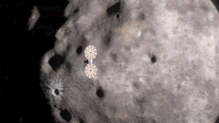 Dieses Bild aus einer von der Nasa bereitgestellten Videoanimation zeigt die Annäherung der Raumsonde „Lucy“ an einen Asteroiden. 