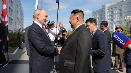 Treffen von Wladimir Putin, Präsident von Russland, und Kim Jong-un, Machthaber von Nordkorea, im September in Russland. (Archivfoto) +