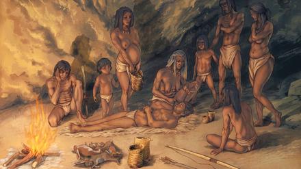 Schon die Jäger und Sammler der Steinzeit benutzten geflochtene Körbe (künstlerische Darstellung).
