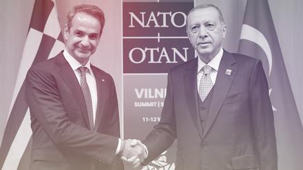 Kyriakos Mitsotakis (l.), Premierminister von Griechenland, und Recep Tayyip Erdogan, Präsident der Türkei, während ihres Treffens auf dem Nato-Gipfel. 