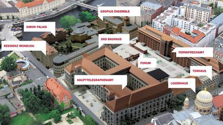 Ein Modell des Quartiers zwischen Oranienburger Straße (unten rechts mit der Synagoge) und Spree.