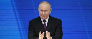 29.02.2024, Russland, Moskau: Wladimir Putin, Präsident von Russland, hält seine Rede zur Lage der Nation.