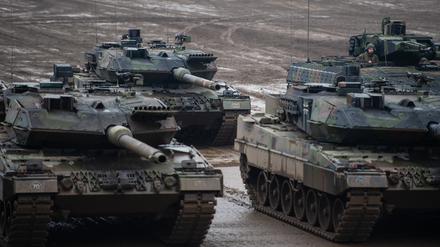 Drei Kampfpanzer der Bundeswehr vom Typ Leopard 2A6 und ein Schützenpanzer vom Typ Puma stehen bei einer Übung im Gelände.